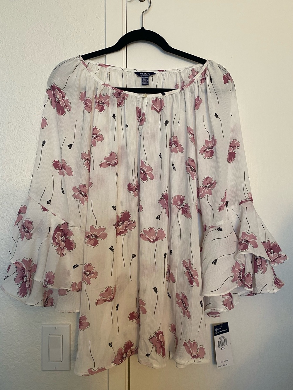 Chaps White Blouse with Pink Floral Print and Ruffled Sleeves